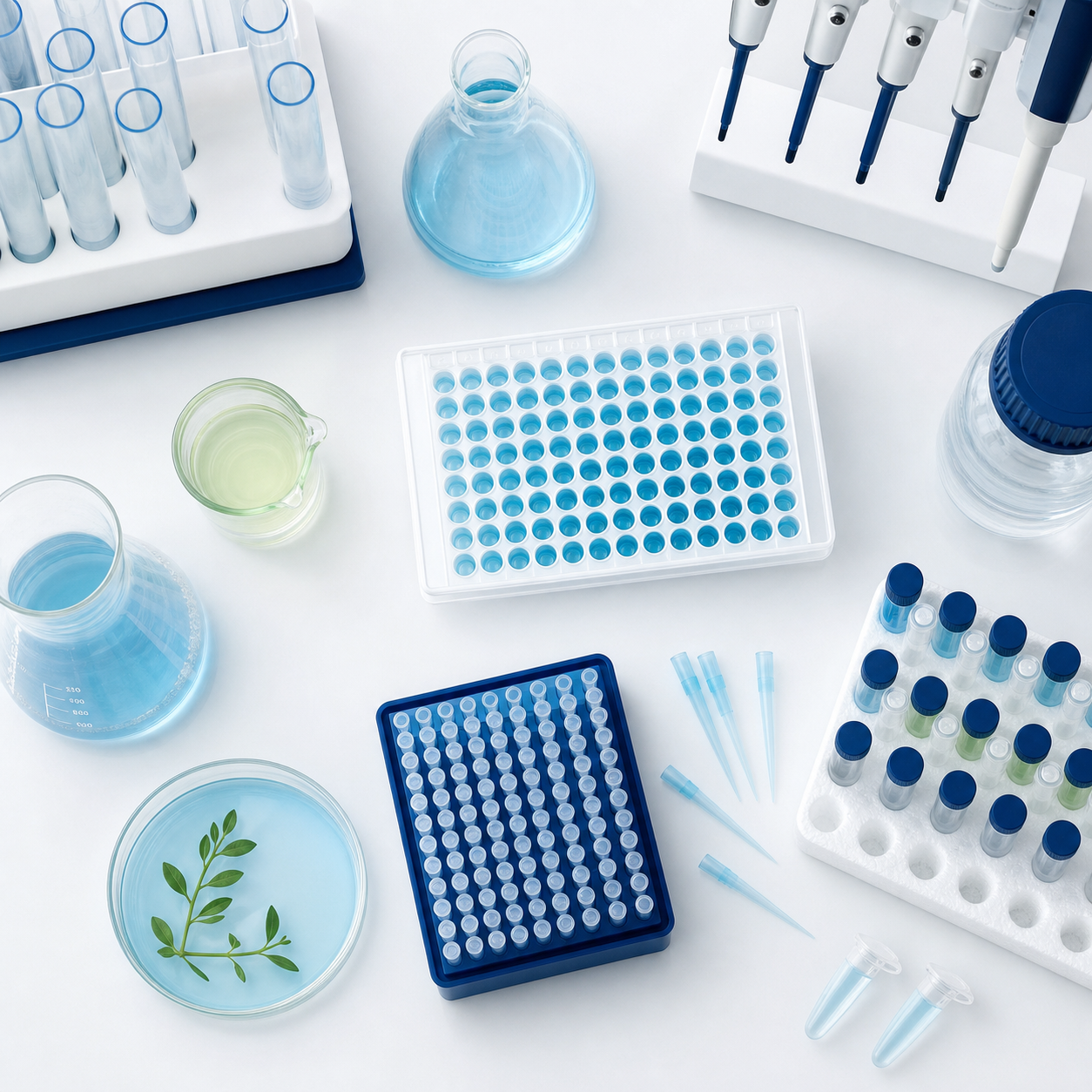 Material de laboratorio organizado en una mesa de trabajo