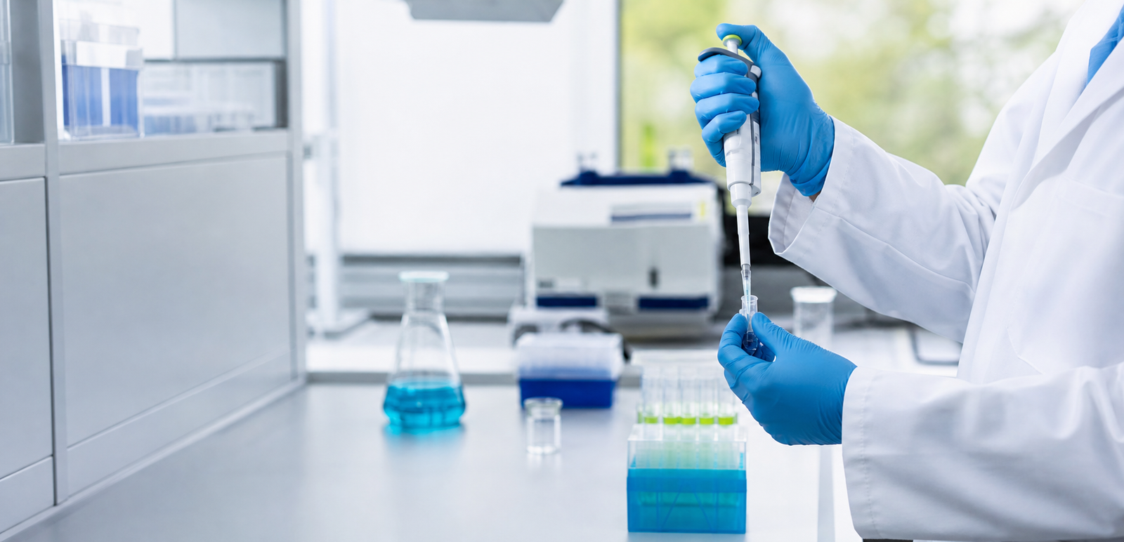 Proceso técnico de laboratorio con pipeta y muestras